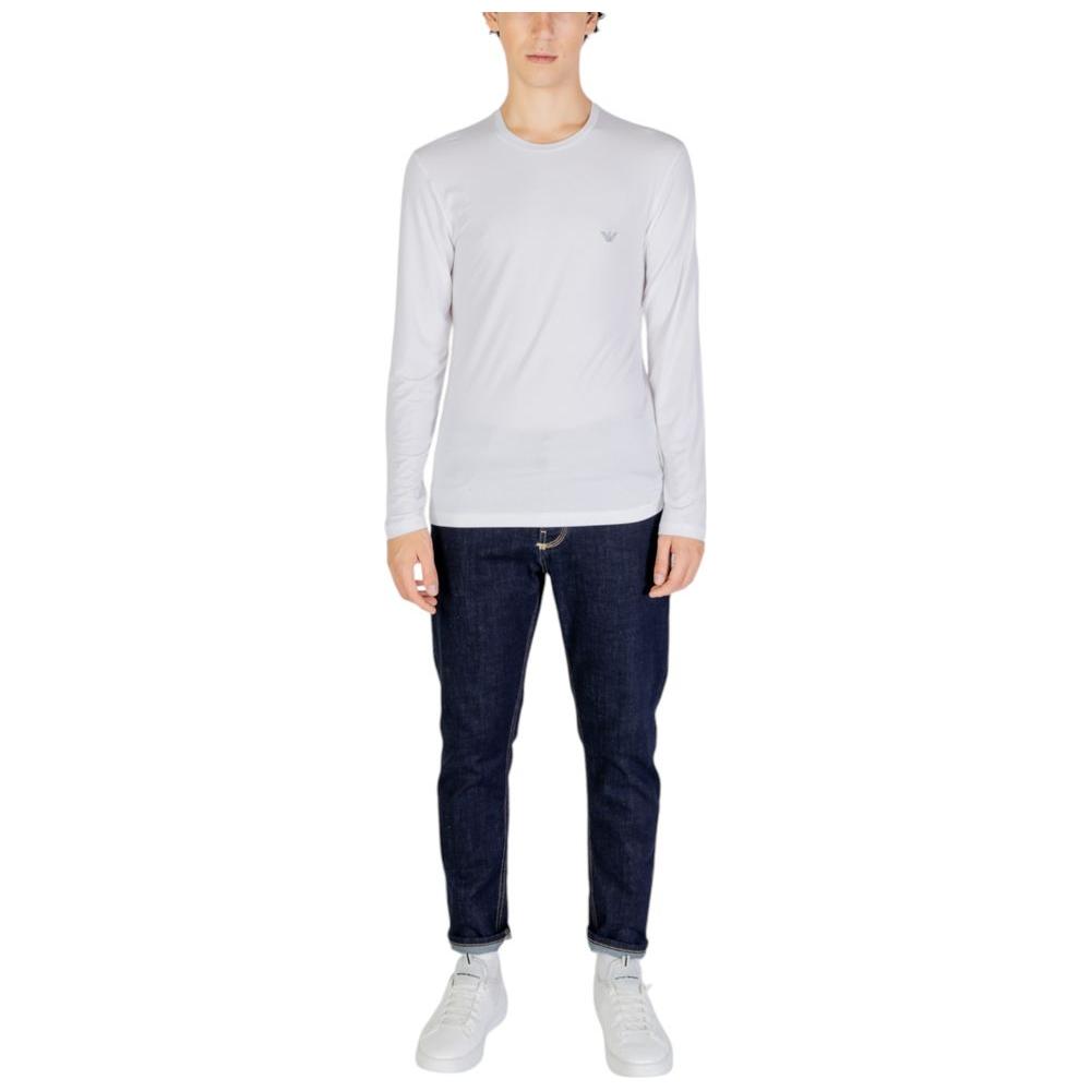 Model wearing Emporio Armani Underwear white modal long-sleeve shirt, paired with dark jeans and white sneakers. Ideal for versatile styling.