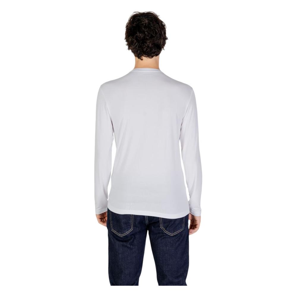 Back view of Emporio Armani Underwear white modal shirt on model, highlighting long-sleeve fit and comfort.