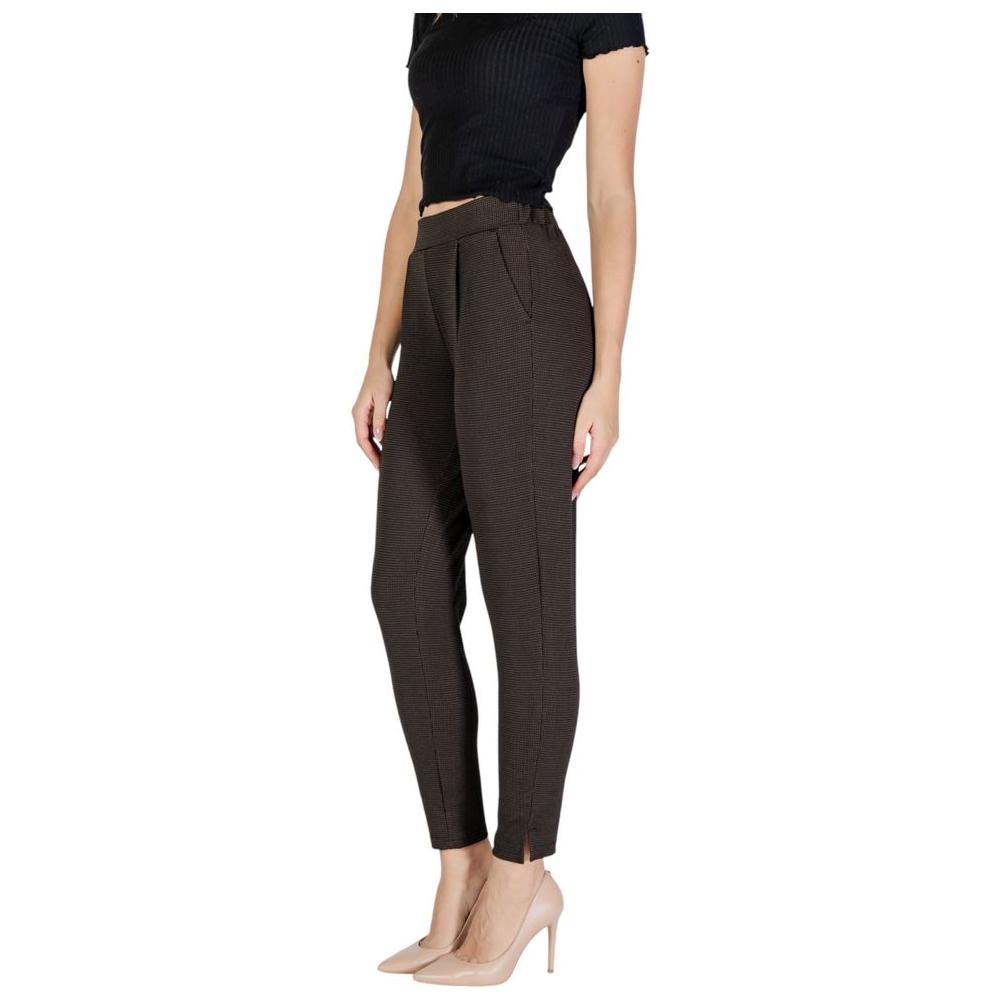 ICHI brown polyester women's pants, fall/winter collection, featuring 68% polyester, 27% viscose, 5% elastane for style and comfort.