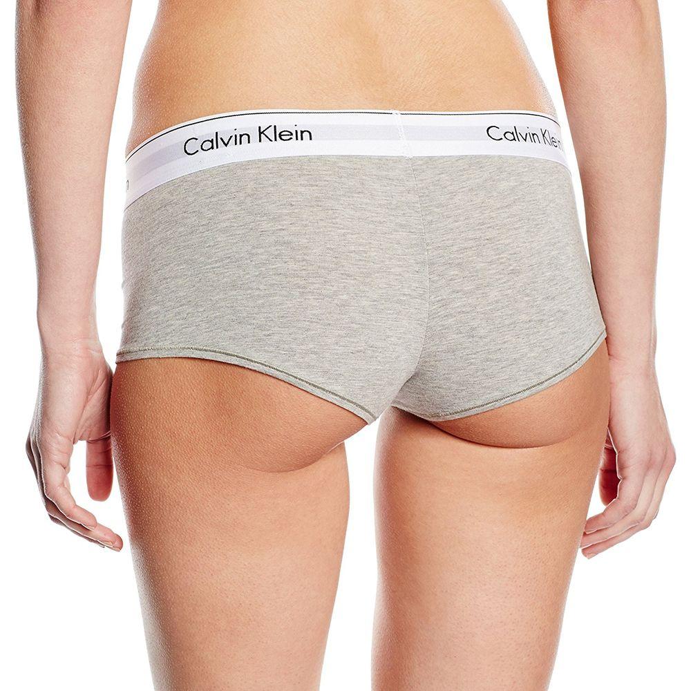 Gray Calvin Klein boyshort underwear with logo waistband, offering comfortable fit and coverage.
