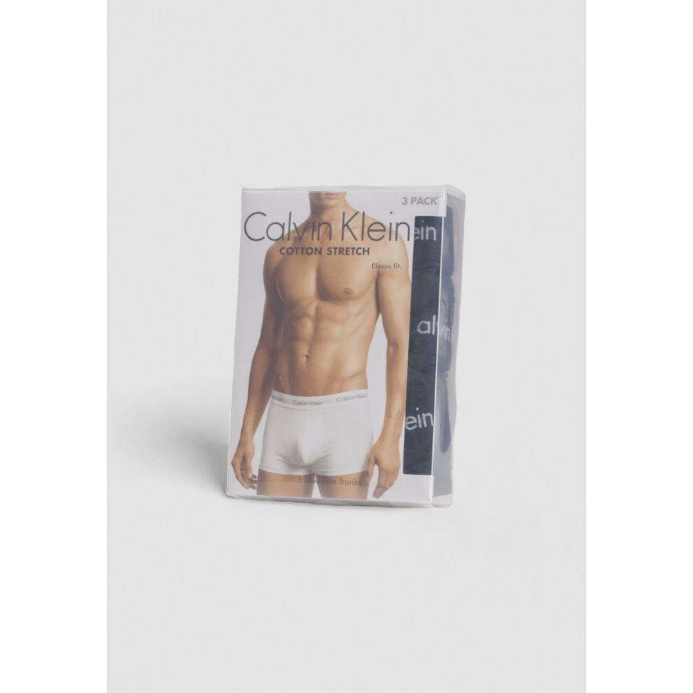 Calvin Klein black cotton underwear low-rise trunk 3-pack, men's boxer shorts in packaging, comfortable fit for daily wear.