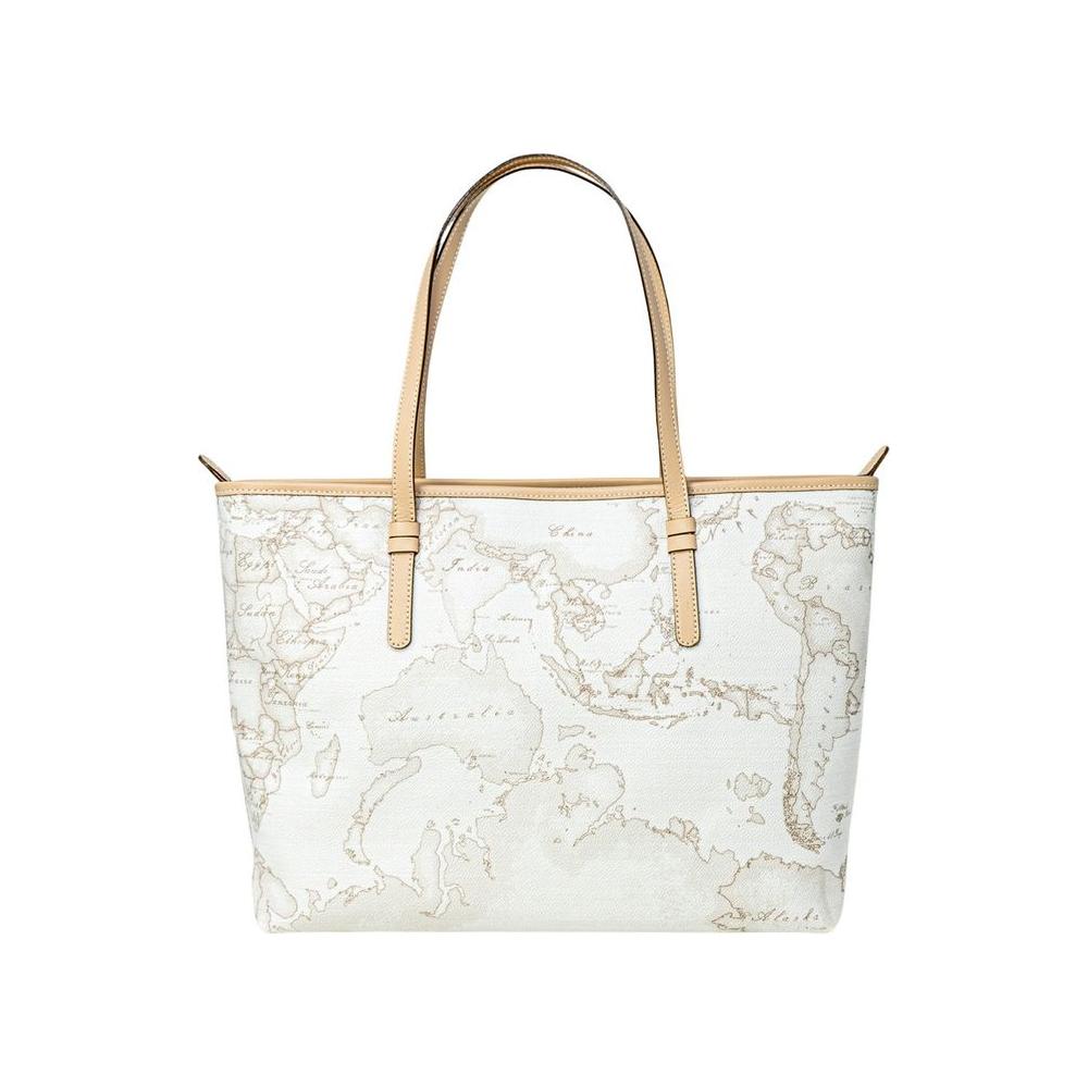 Alviero Martini Prima Classe white leather handbag with map design, women's bag for autumn/winter collection, elegant fashion accessory.
