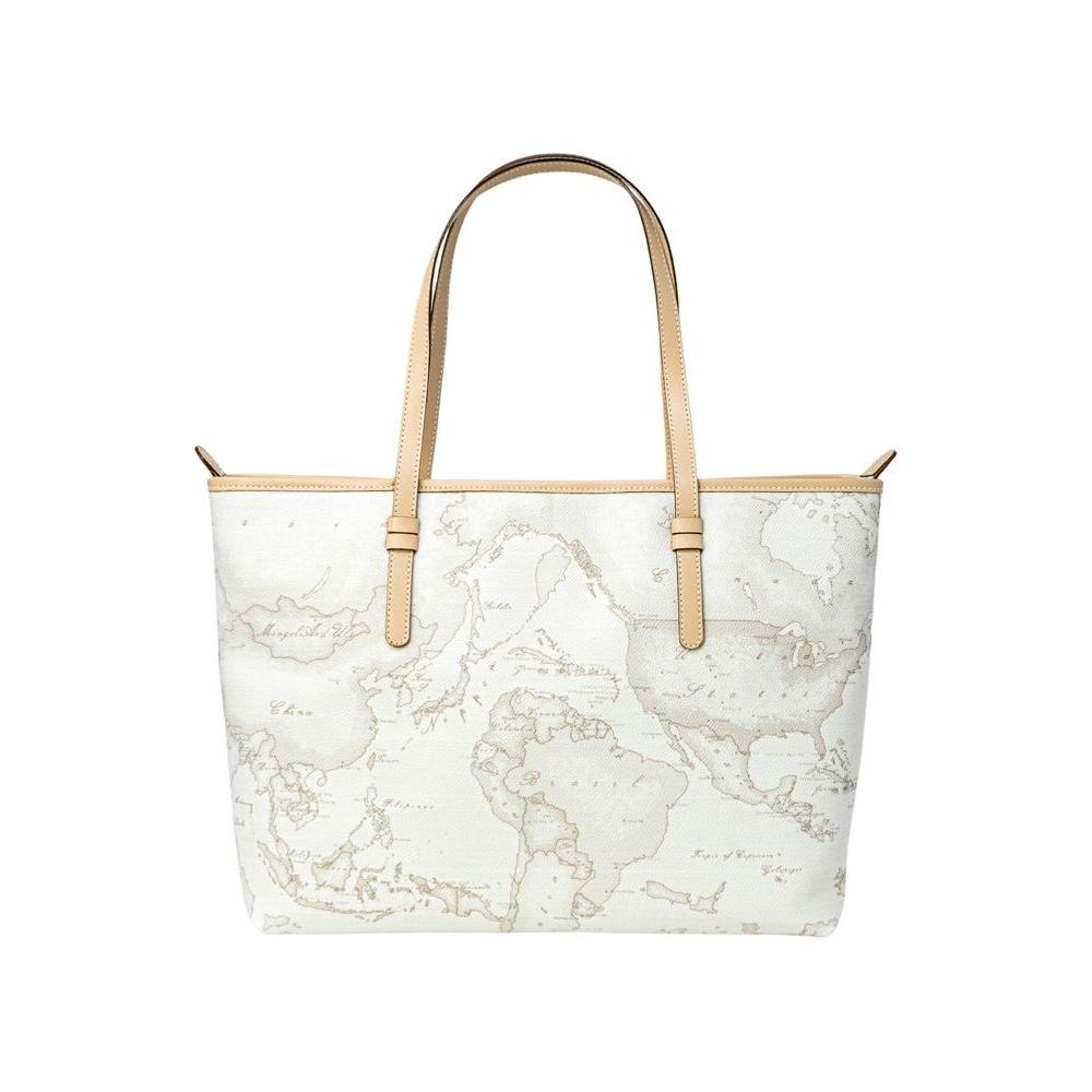 Alviero Martini Prima Classe white leather handbag with world map design, part of autumn/winter collection, elegant women's accessory.
