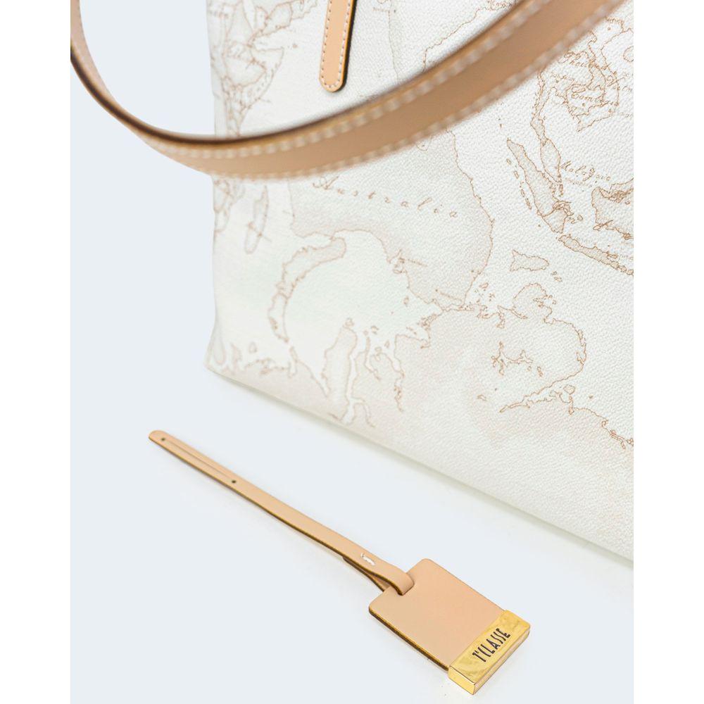 Alviero Martini Prima Classe white leather handbag with world map print, featuring a brown handle and matching luggage tag.