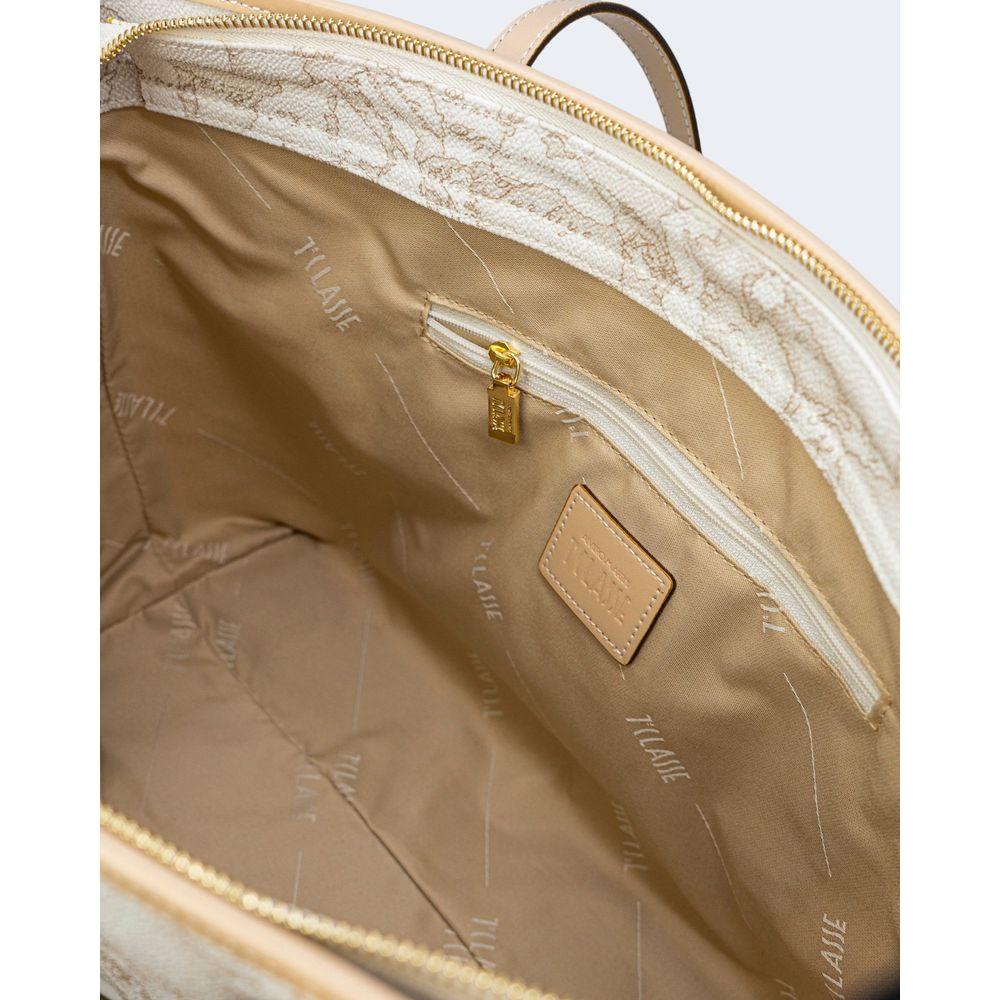 Interior view of Alviero Martini Prima Classe white leather handbag showing spacious lining, zippered pocket, and elegant branding.