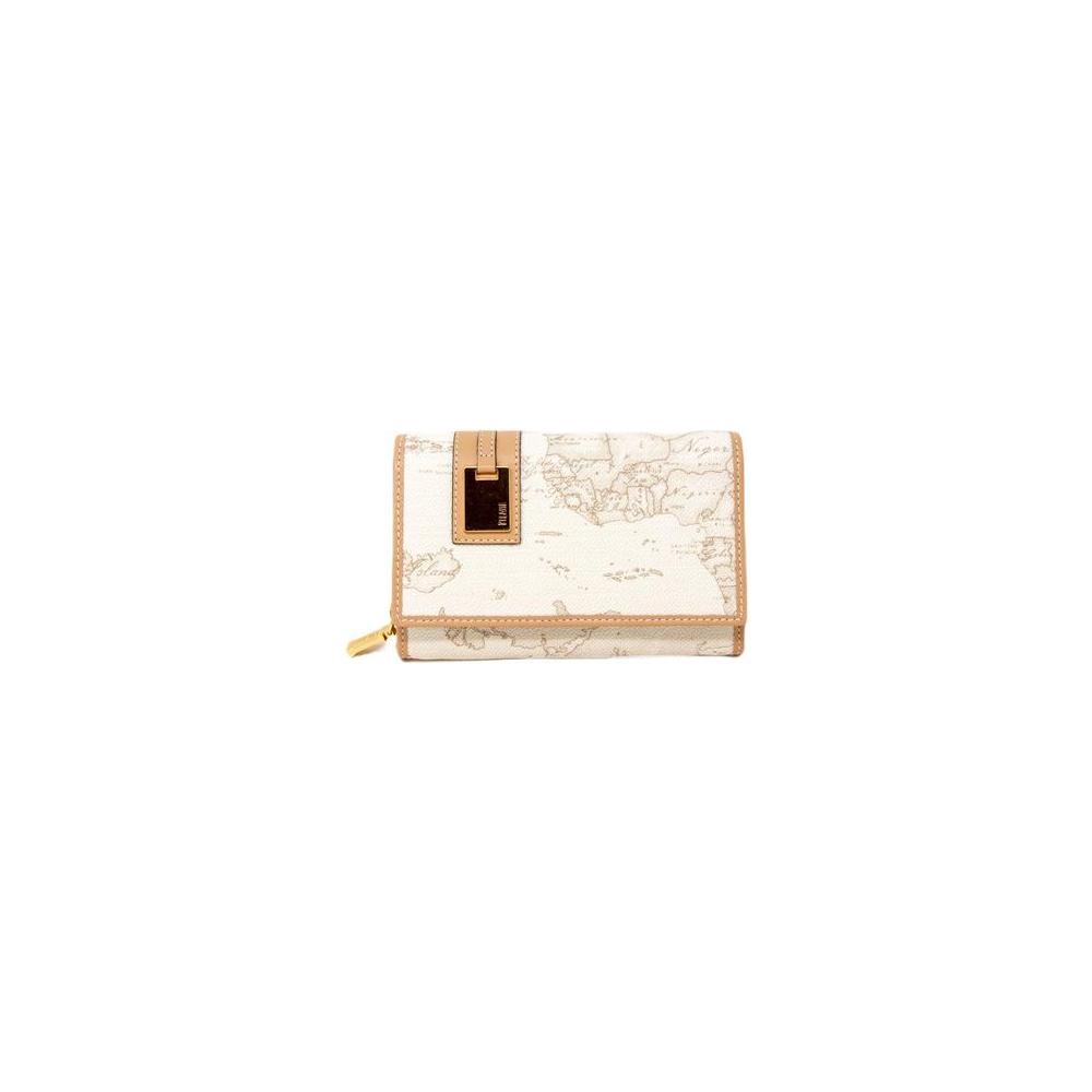Alviero Martini Prima Classe white leather wallet, women's large Fall/Winter collection, featuring a map design and gold accents.