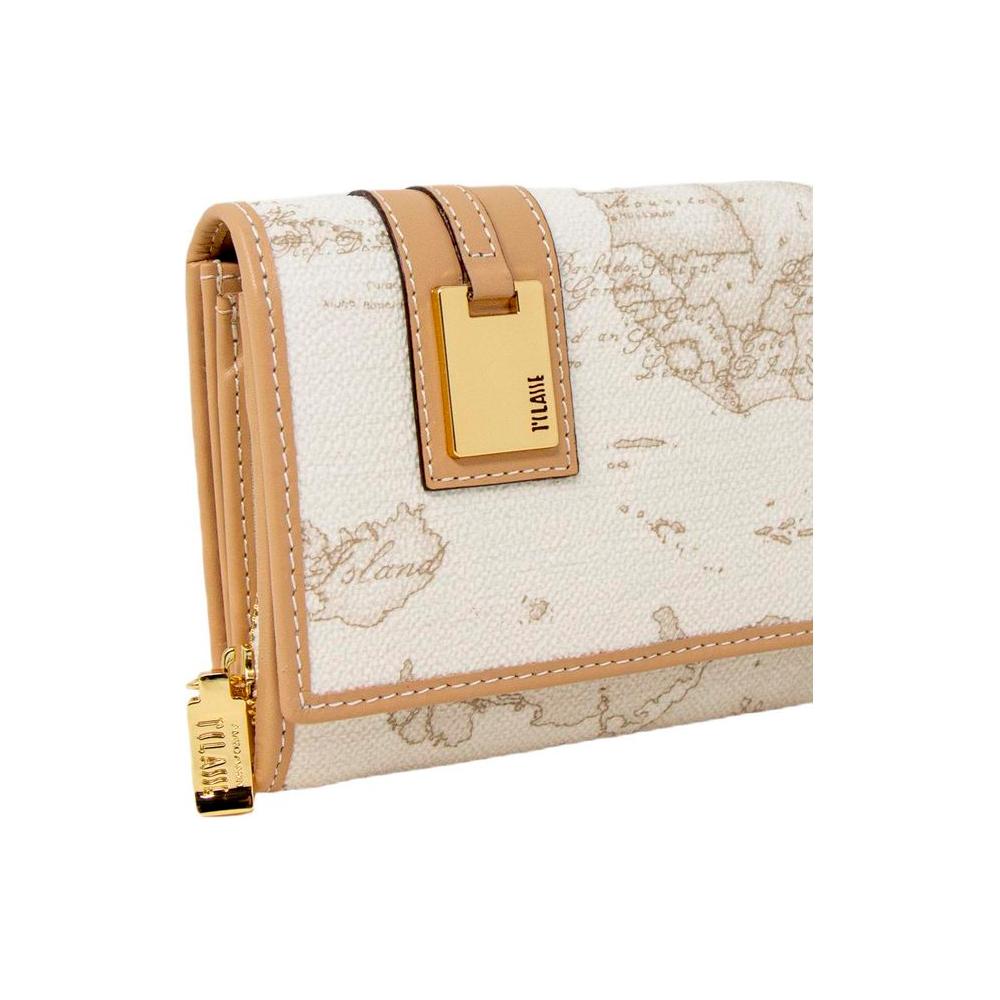 Alviero Martini Prima Classe women's white leather wallet with gold accents, fall/winter collection, featuring geographic pattern.