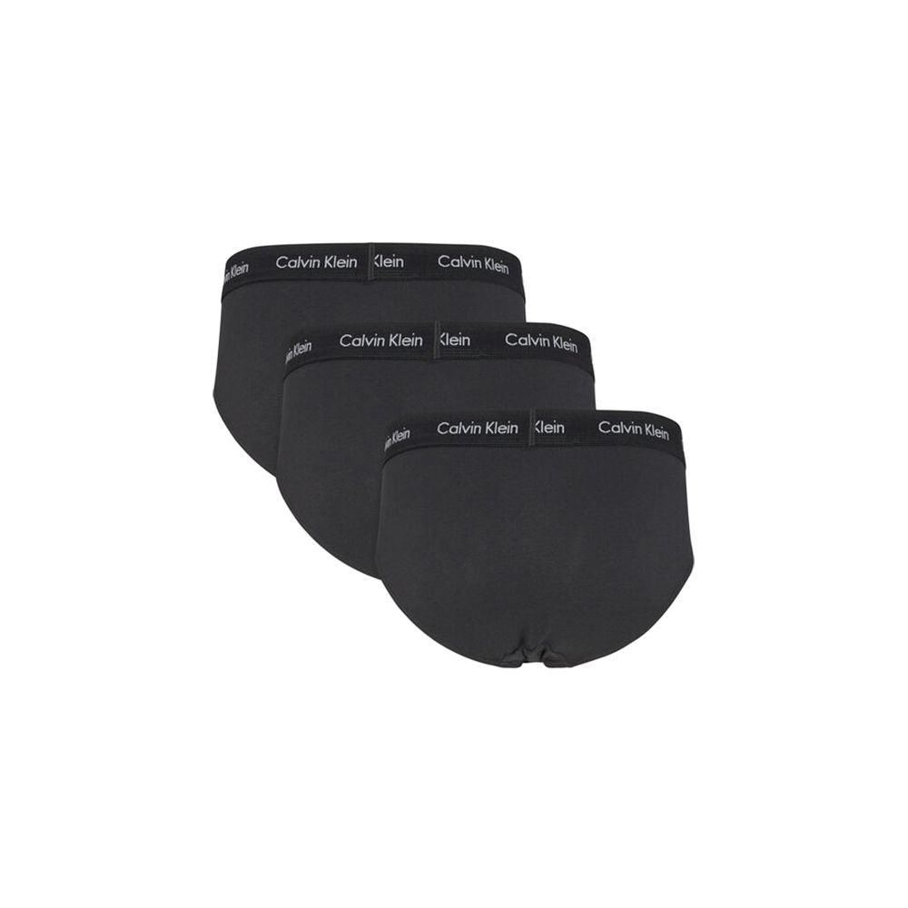 Calvin Klein black elastane men's underwear, 3-pack hip briefs with logo waistband, comfortable cotton blend for everyday wear.