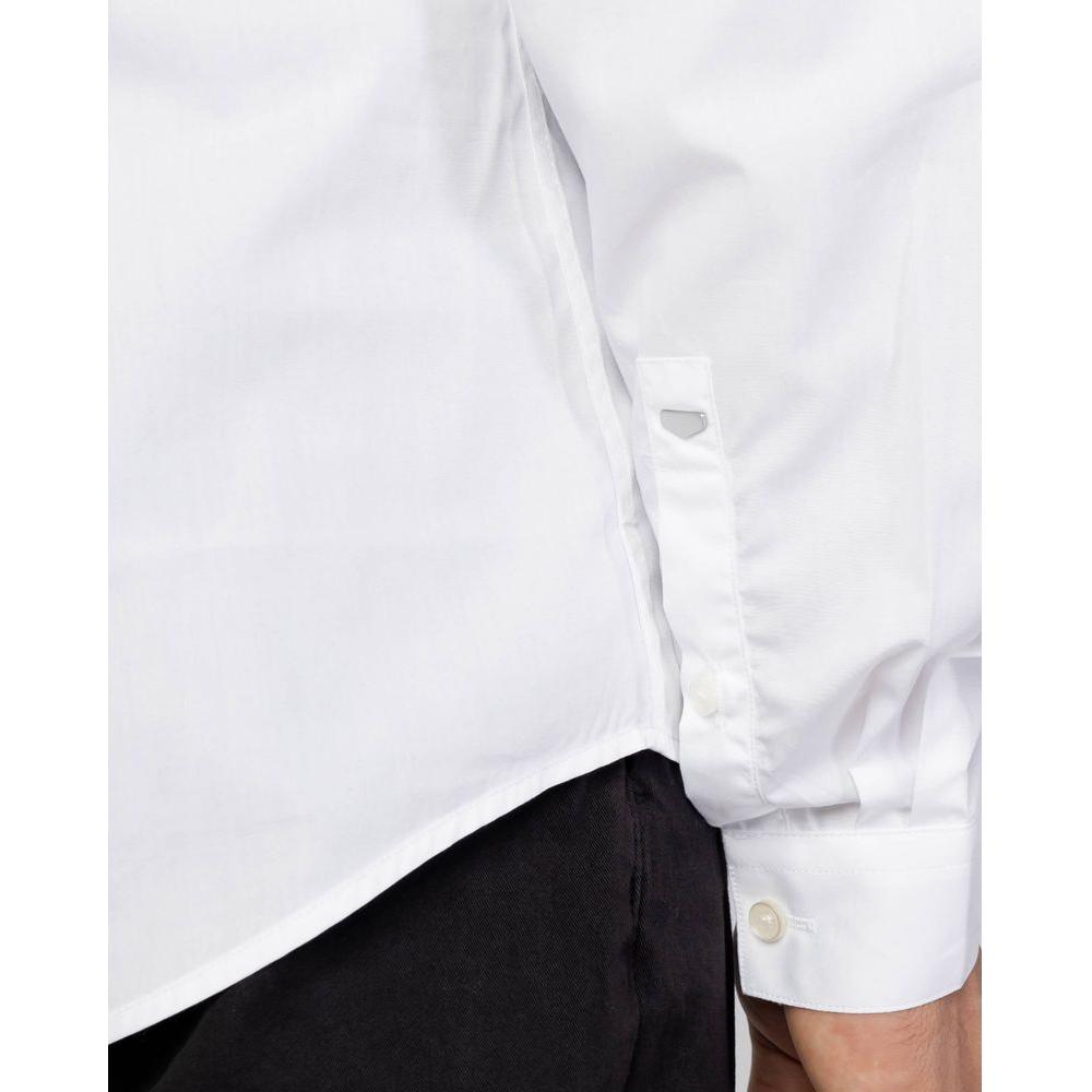 Close-up of Antony Morato white cotton shirt showing side button detail and sleeve cuff.