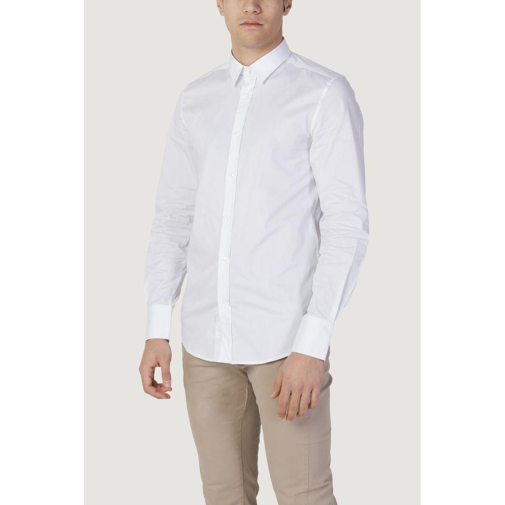 Antony Morato white cotton shirt, long sleeves, modern fit, perfect for formal or casual occasions, worn by a male model