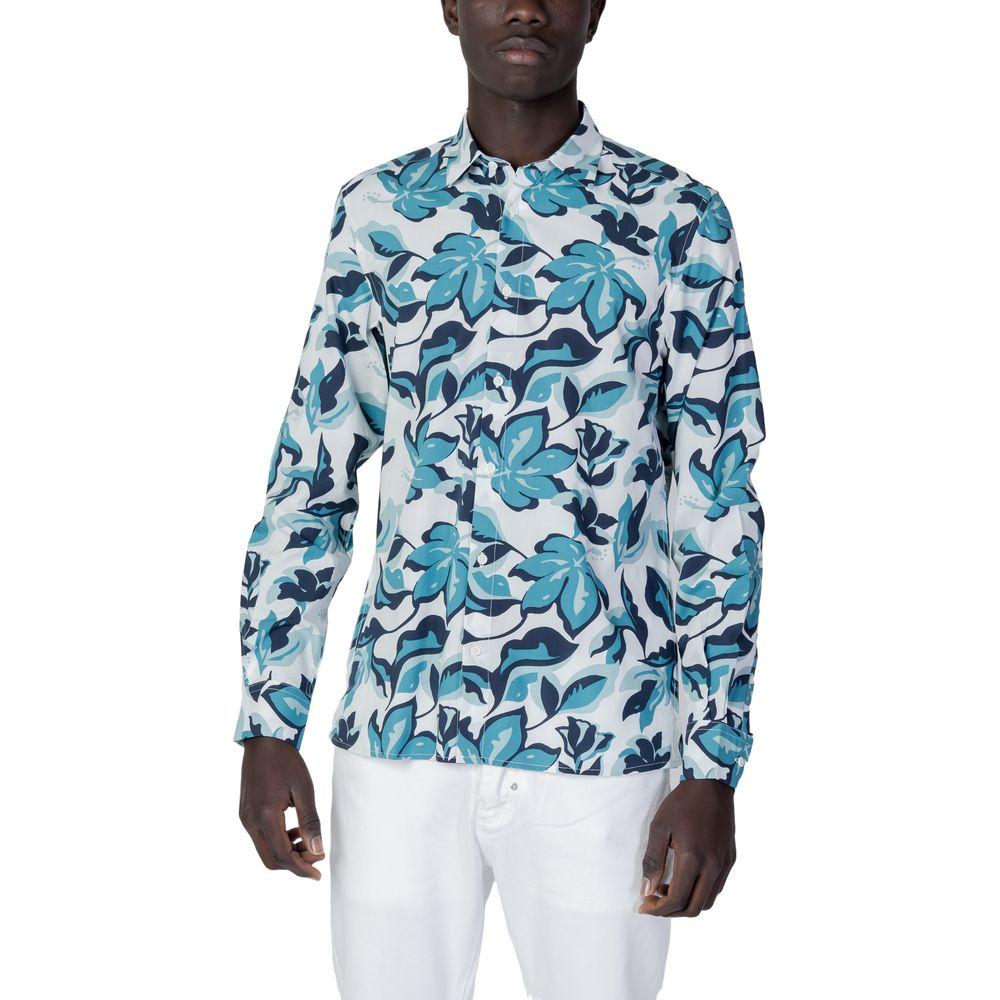 Antony Morato blue floral print viscose cotton shirt, long-sleeve, regular fit, elegant casual wear.