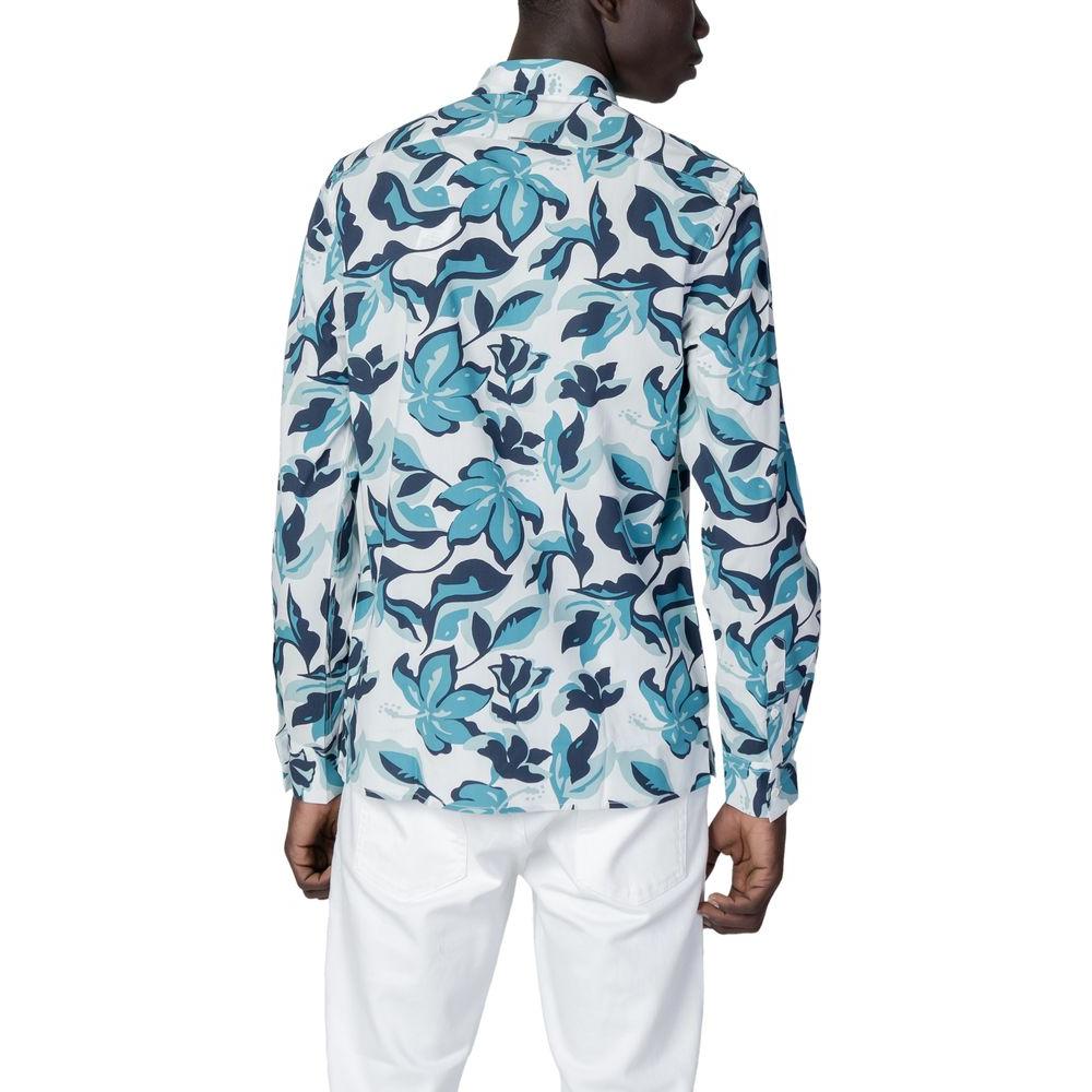 Back view of an Antony Morato blue floral viscose shirt, showcasing elegant design and regular fit, worn with white pants.