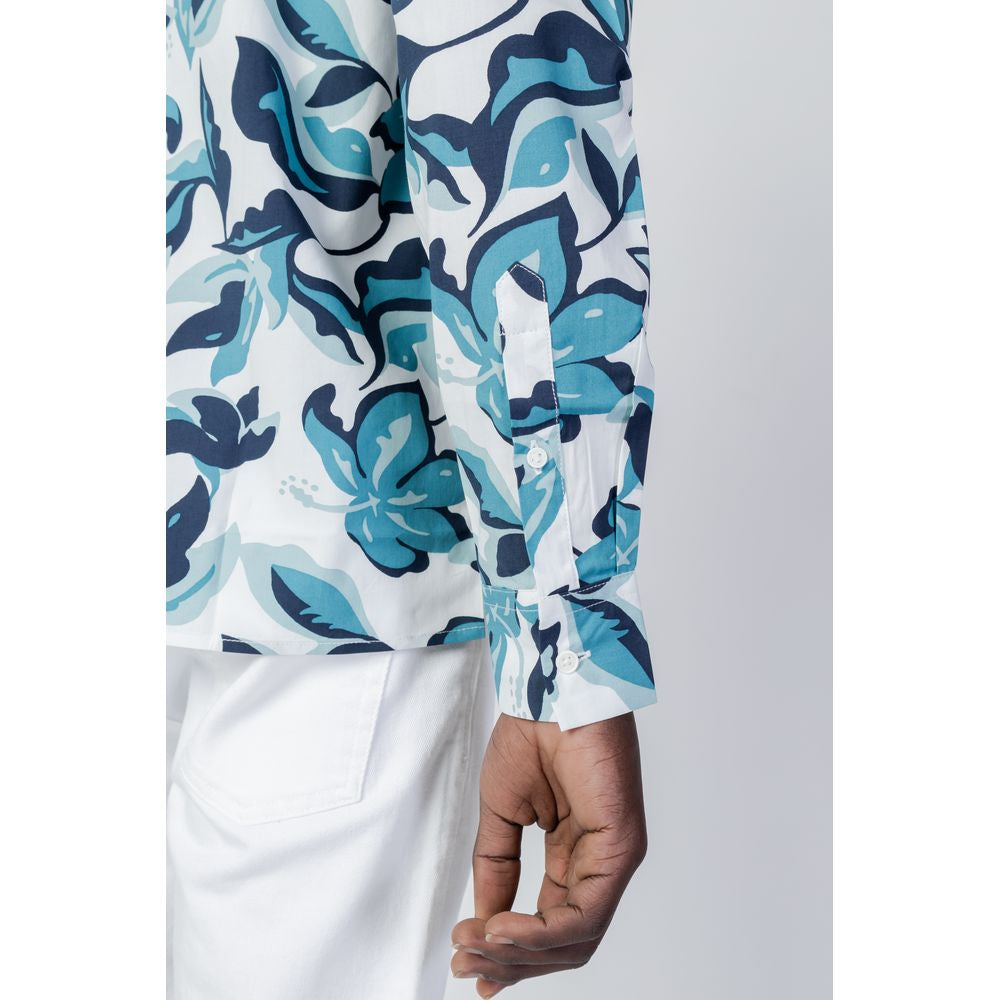 Antony Morato blue floral viscose shirt sleeve detail showcasing button cuffs, highlighting elegant and versatile design for men.