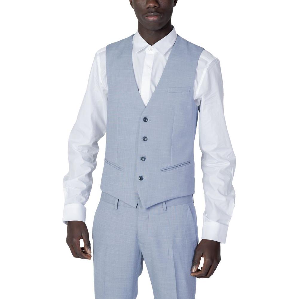 Antony Morato blue polyester vest on man, featuring slim fit, contrasting buttons, ideal for formal occasions