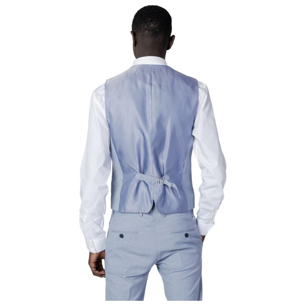 Back view of Antony Morato blue polyester vest, showing slim fit design with contrasting buttons, ideal for formal events.