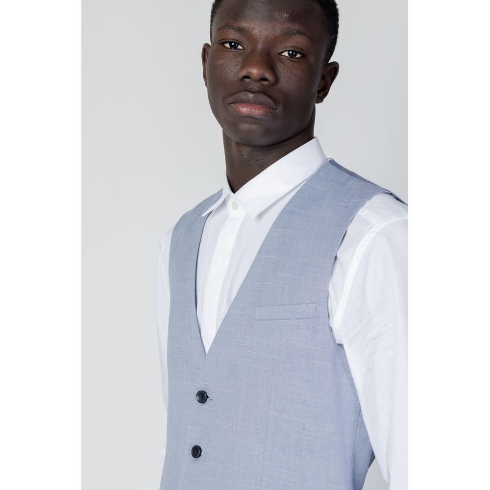 Antony Morato blue polyester vest, slim fit with contrasting buttons, ideal for formal occasions, worn over a white shirt.