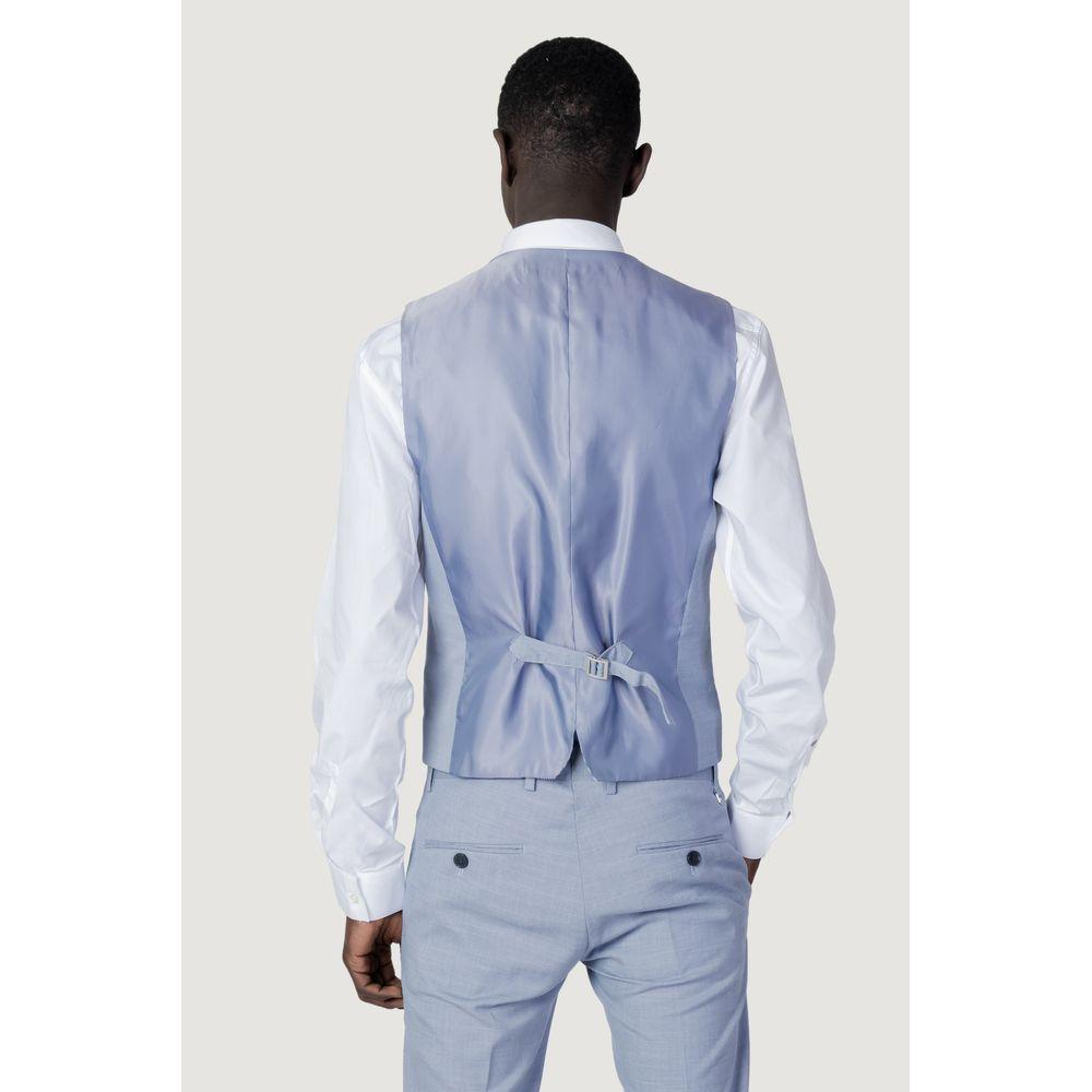Man wearing Antony Morato blue polyester vest, slim fit, back view, highlighting refined design and elegant tailoring for formal occasions.