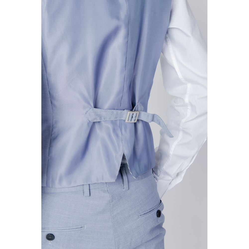 Back view of Antony Morato blue polyester vest with adjustable buckle detail, ideal for formal and special occasions.