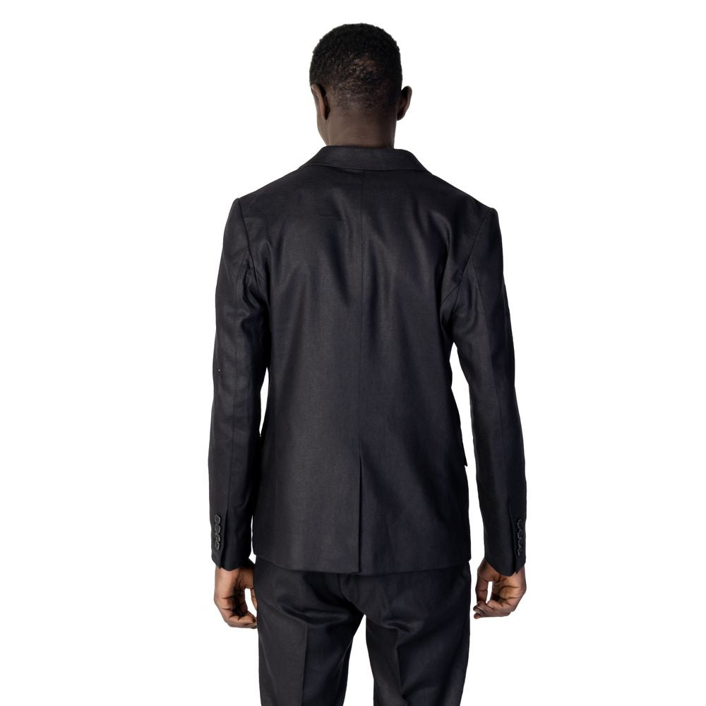 Back view of Antony Morato black linen suit for men, perfect for spring/summer collection, made of 52% linen and 48% viscose.
