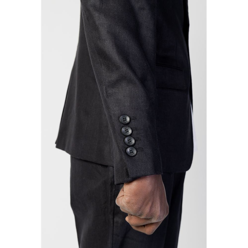 Close-up of a black men's linen suit jacket by Antony Morato, featuring button detailing, perfect for spring/summer collection.