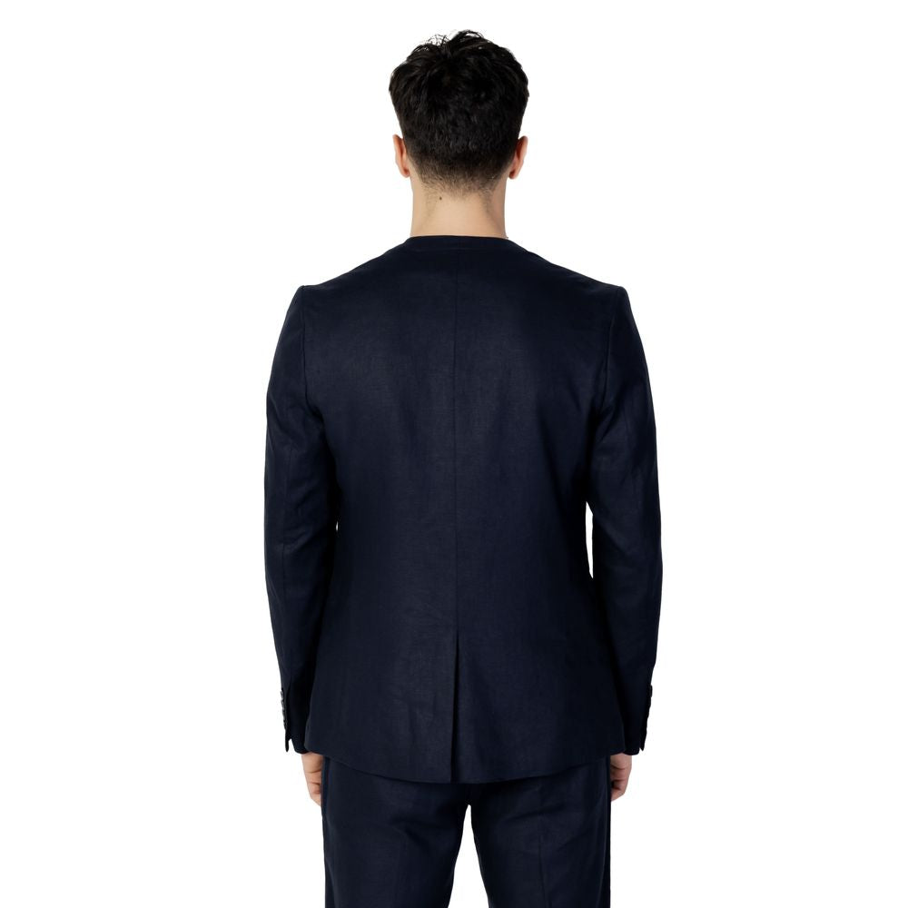 Back view of Antony Morato Blue Linen Blazer showcasing slim fit design for formal occasions.