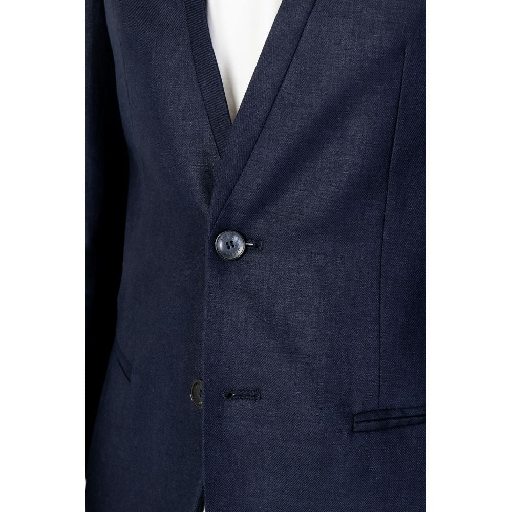 Antony Morato blue linen blazer with slim fit design, featuring two-button closure and breathable fabric for formal occasions.
