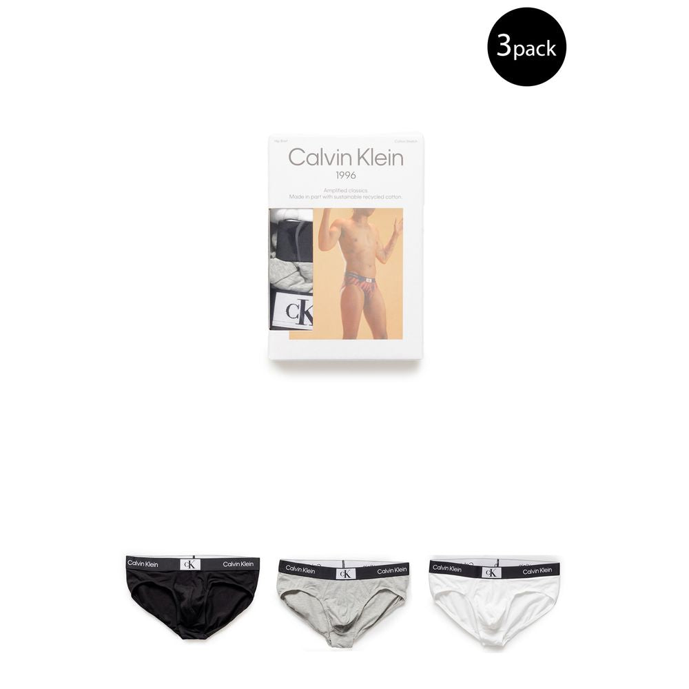 Calvin Klein Underwear 3-pack Hip Briefs for Men in Black, Grey, and White with logo waistband, featuring premium cotton comfort.