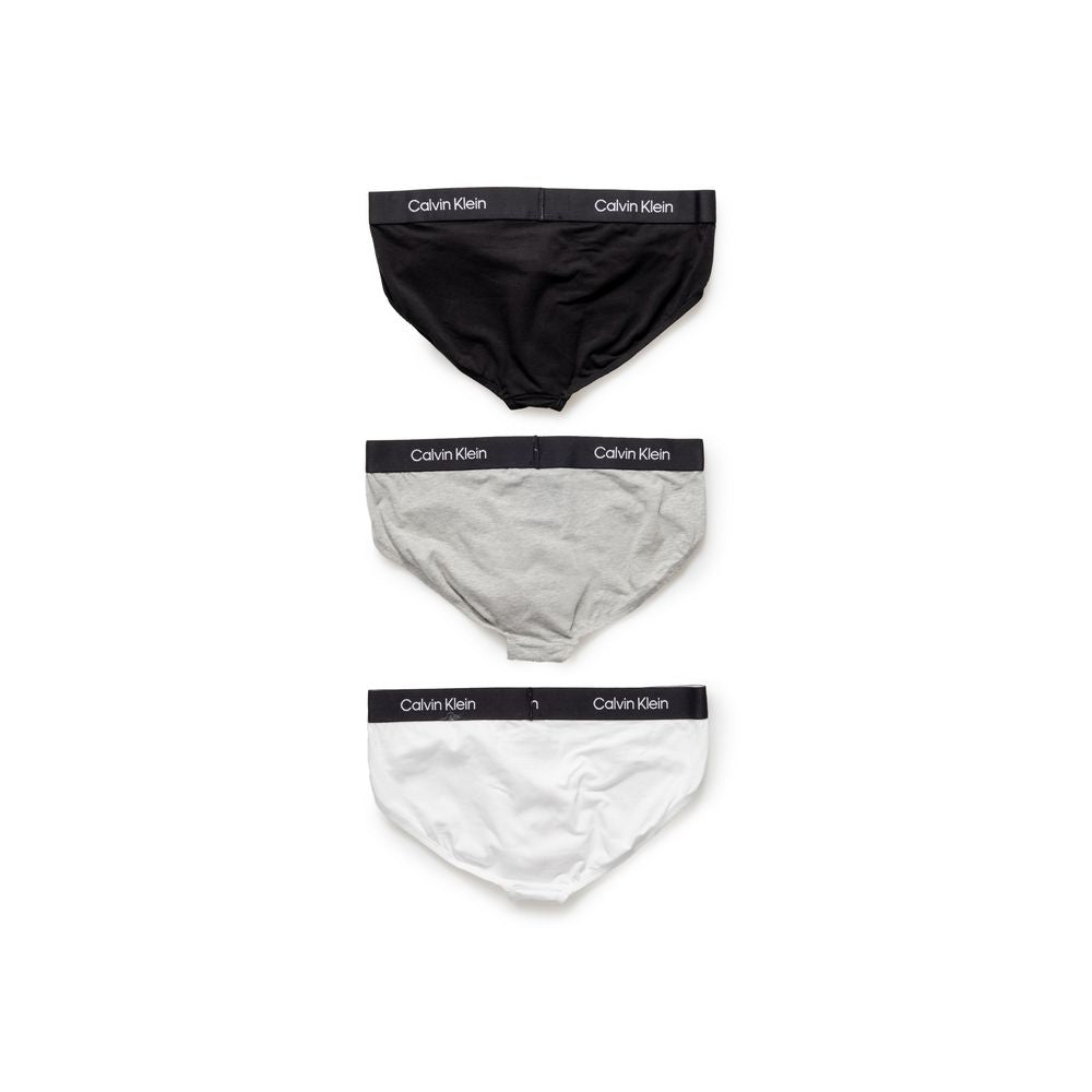 Calvin Klein men's white, grey, and black cotton underwear 3-pack with elastic waistband and logo.