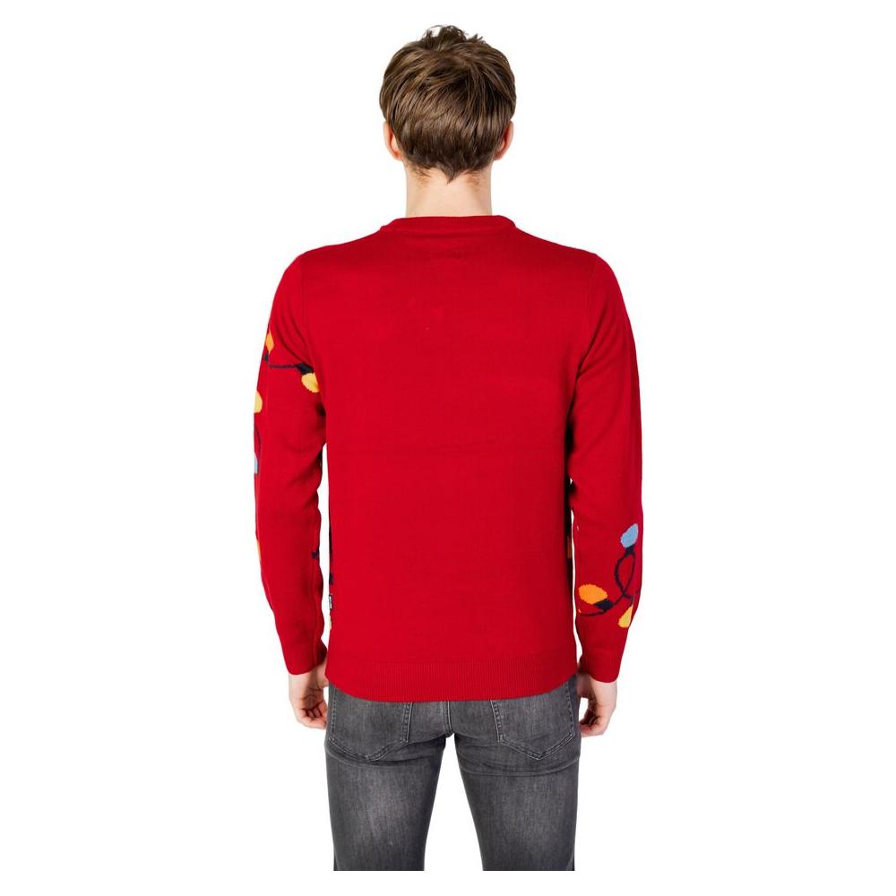 Back view of Only & Sons red men's acrylic sweater for autumn/winter collection, featuring colorful sleeve patterns.