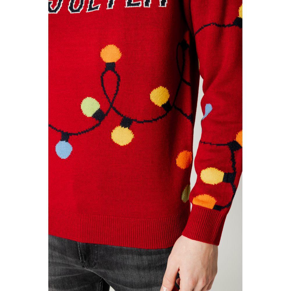 Only & Sons red acrylic sweater with colorful light design, men's autumn/winter collection, 100% acrylic, festive style.