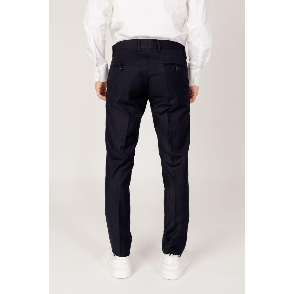 Model wearing Antony Morato blue polyester men's suit trousers, autumn/winter collection, back view.