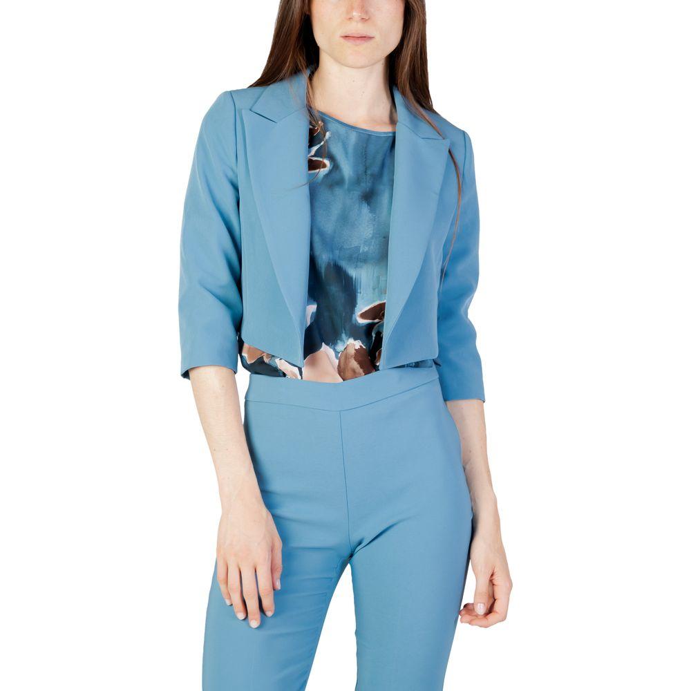 Women's turquoise polyester blazer suit, autumn winter collection, Rinascimento, stylish jacket and pants set.
