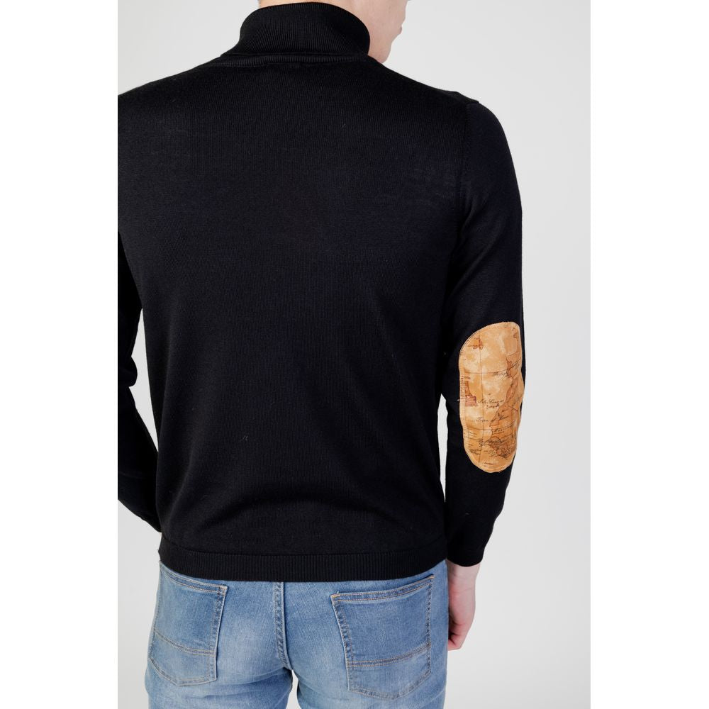 Back view of Alviero Martini Prima Classe black viscose men's turtleneck sweater with accent patch, Fall/Winter collection