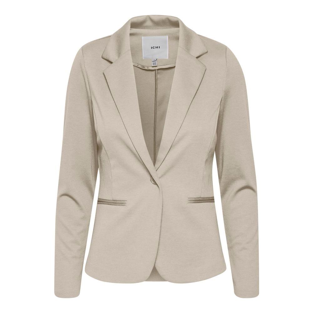 ICHI beige women's blazer for fall/winter, made from 74% polyester, 22% viscose, and 4% elastane. Ideal for professional attire.
