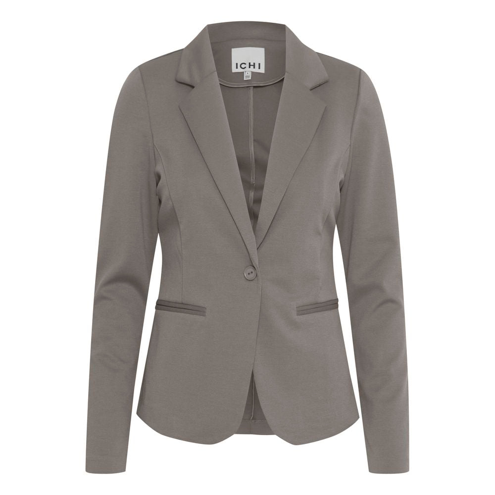 ICHI gray polyester women's blazer, perfect for fall and winter fashion. Made with 74% polyester, 22% viscose, and 4% elastane.