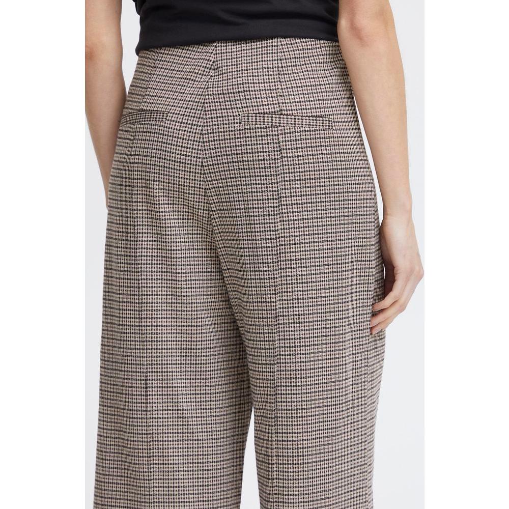Back view of ICHI beige polyester women's palazzo pants for fall/winter, featuring a comfortable plaid pattern.