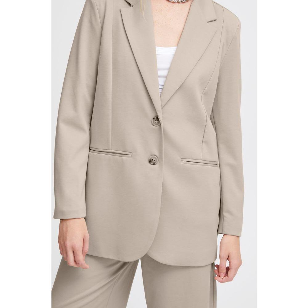 Beige ICHI women's blazer made from recycled polyester, part of the fall/winter collection, featuring a classic design.