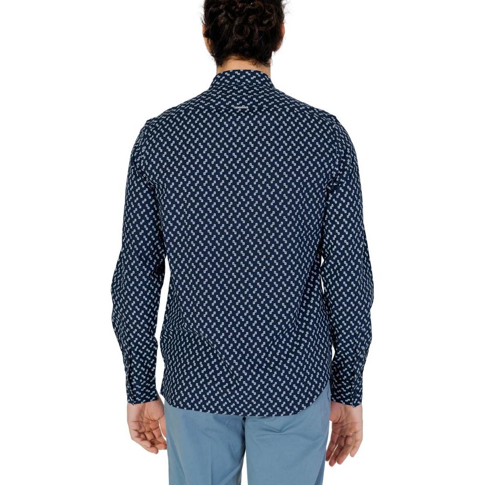 Back view of Antony Morato blue viscose long sleeve men's shirt for spring/summer collection, featuring a pattern design.
