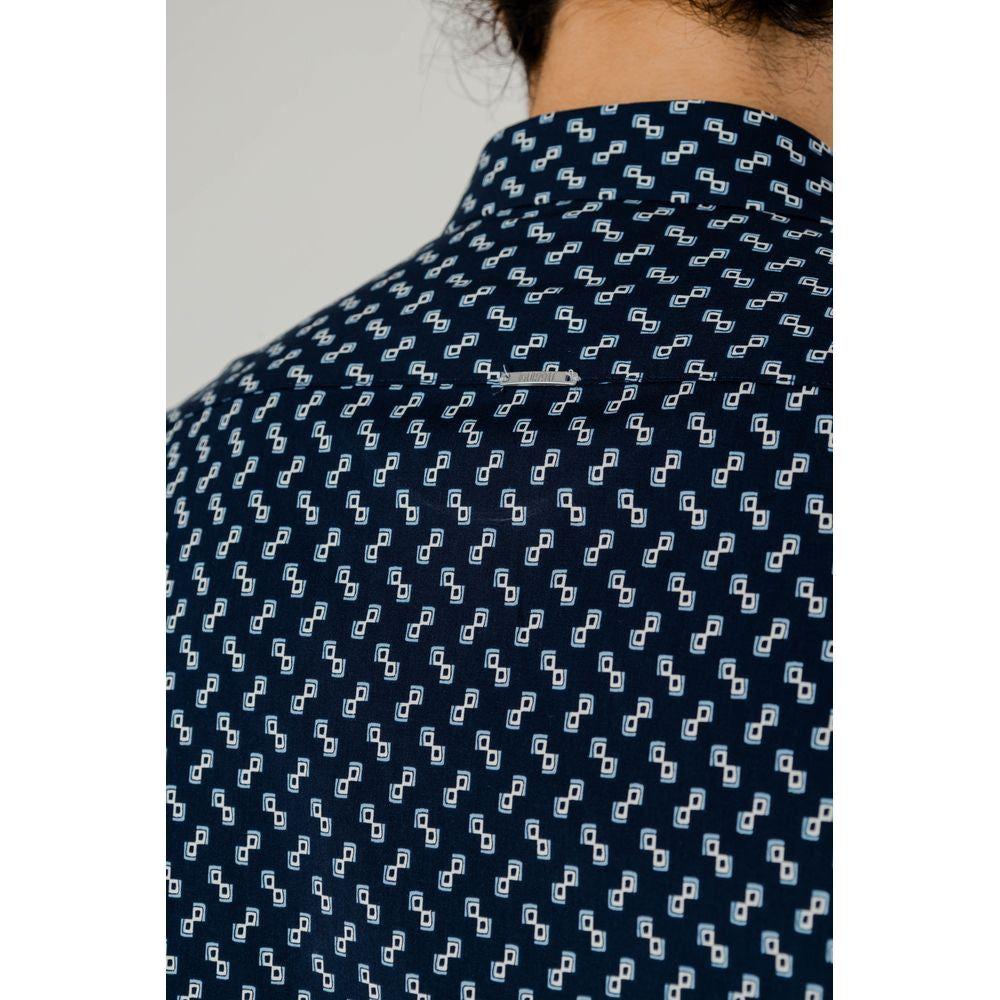 Back view of Antony Morato Blue Viscose Shirt with geometric pattern, part of men's Spring/Summer collection, long sleeve, 50% viscose, 50% cotton.