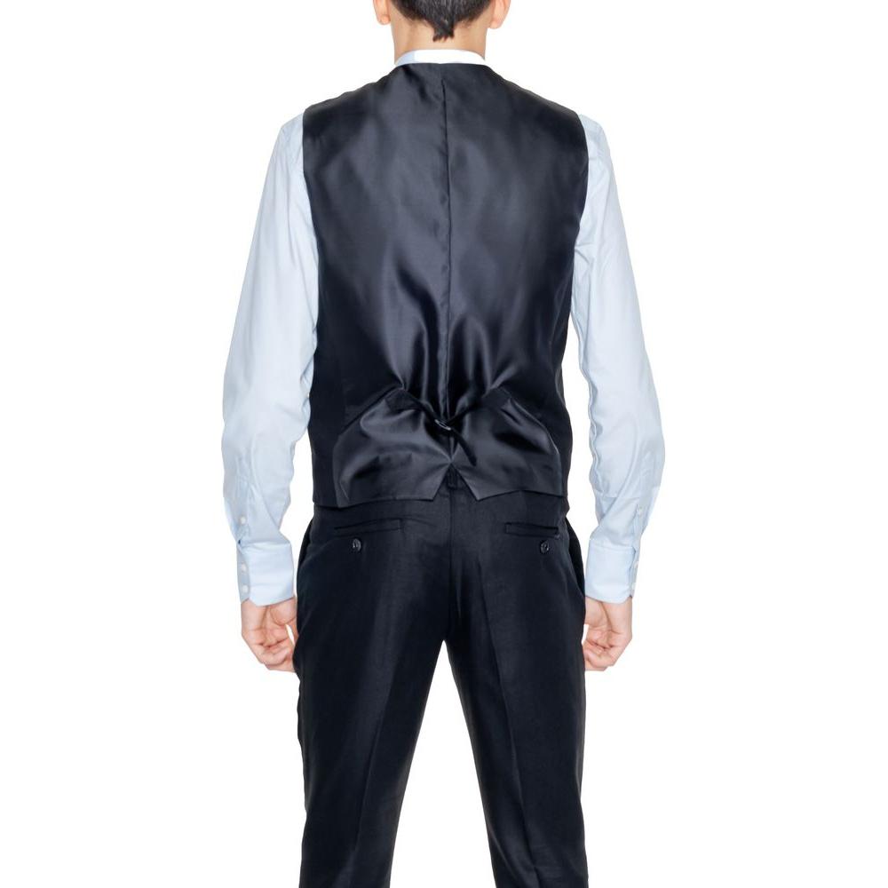 Back view of men's Antony Morato black linen vest, part of the spring/summer collection, crafted from 52% linen and 48% viscose.