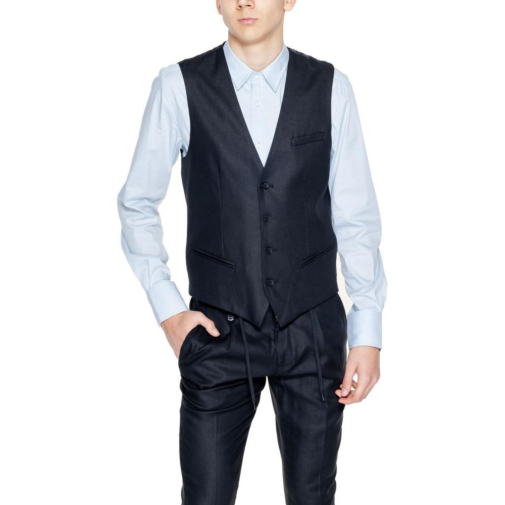 Antony Morato men's black linen vest from Spring/Summer collection, 52% linen and 48% viscose, stylish suit vest for men.