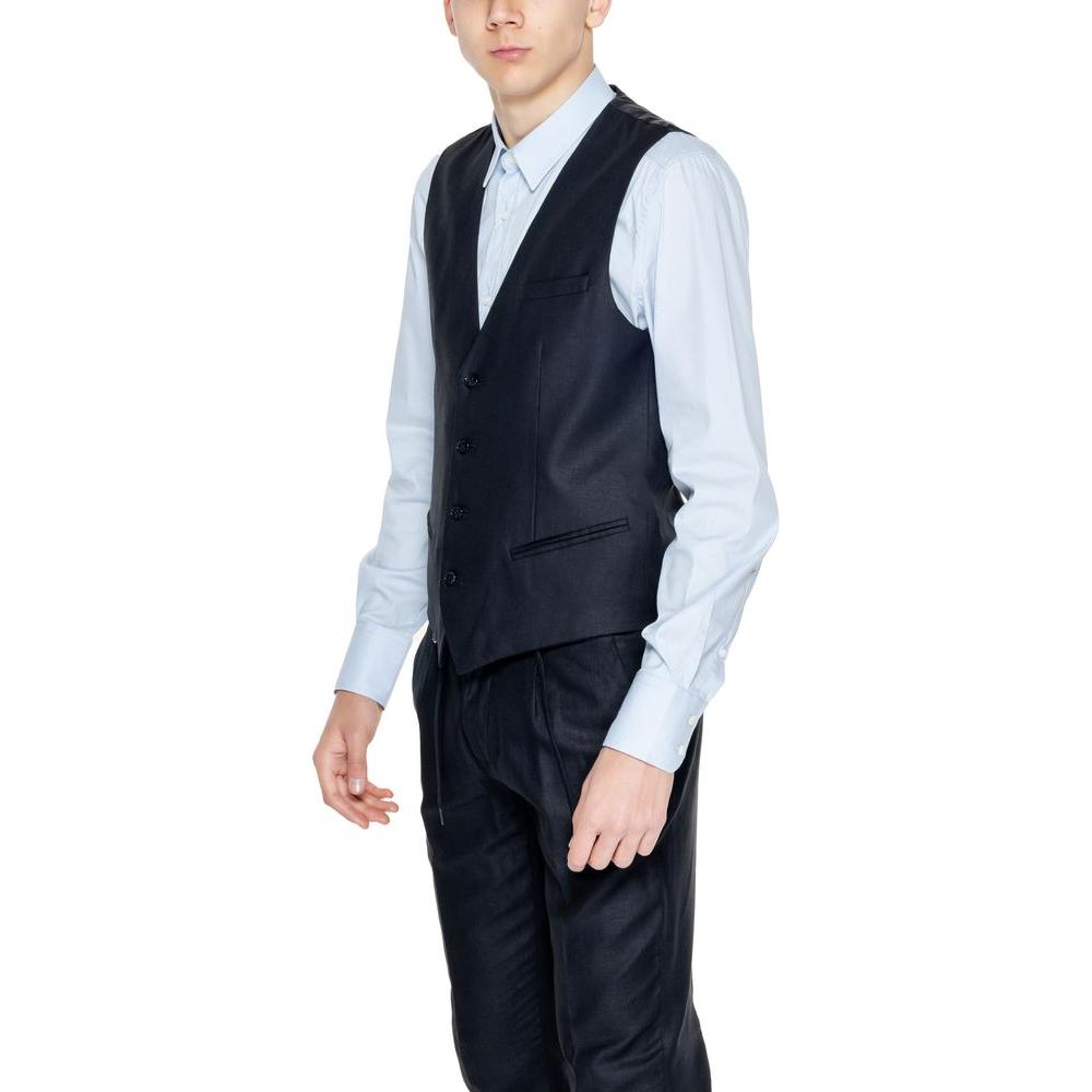 Men's Antony Morato black linen vest, spring/summer collection, featuring 52% linen and 48% viscose composition for formal wear.