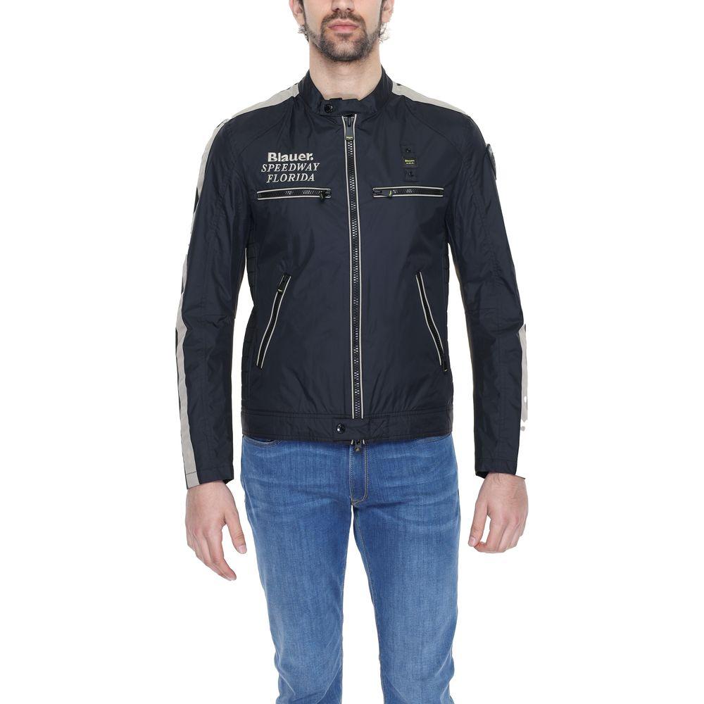 Man wearing Blauer black polyamide jacket, spring/summer collection, 100% PA, featuring zipper details and sleek design.