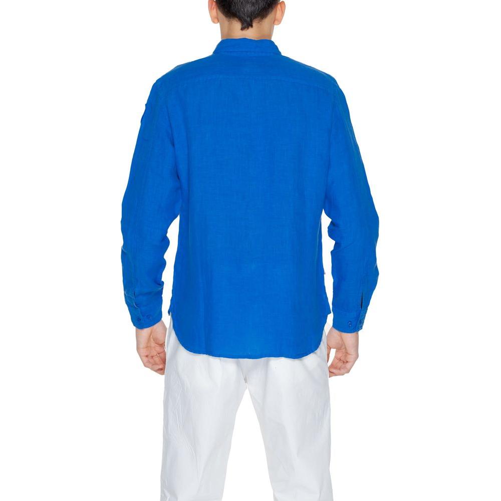 Back view of Blauer men's long-sleeved blue linen shirt from the Spring/Summer collection, made of 100% linen.