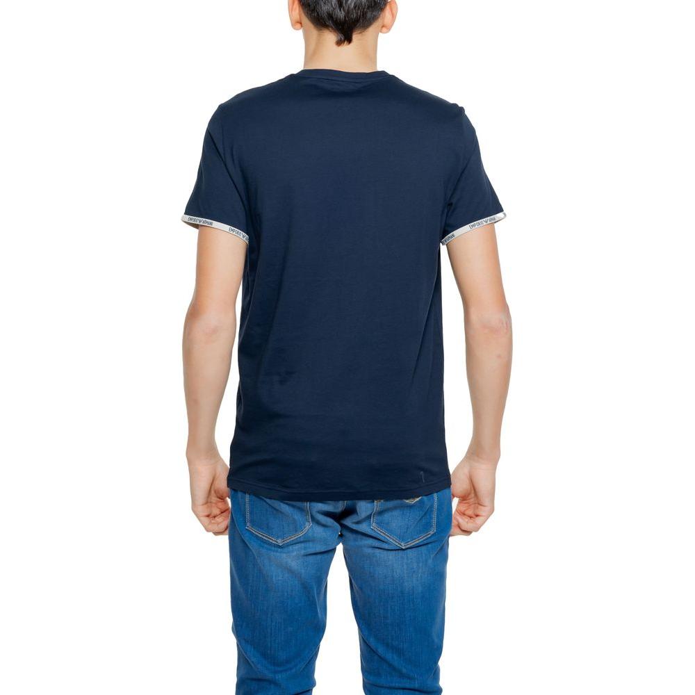 Back view of man wearing Emporio Armani Underwear blue cotton t-shirt, showcasing short sleeves and modern design.