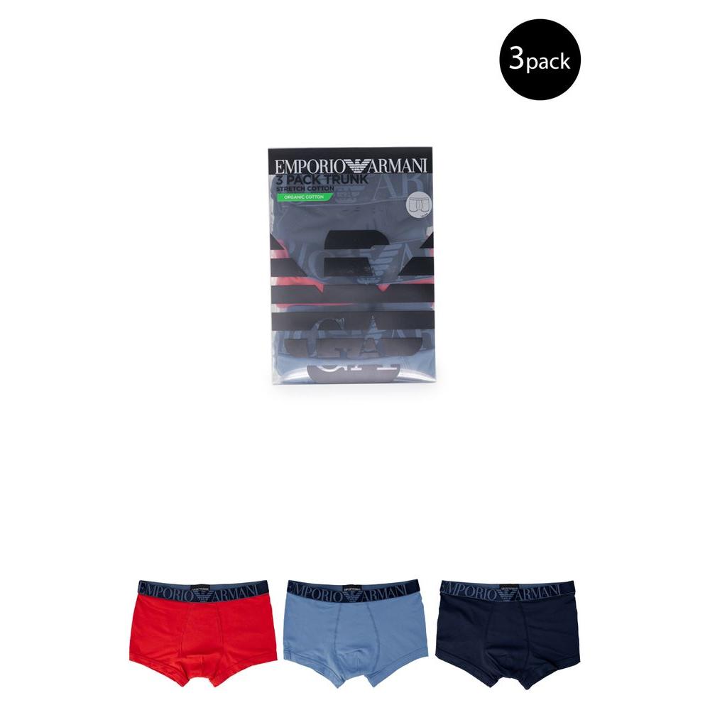 Emporio Armani blue cotton underwear box set featuring red, blue, and black men's boxers with elastic waistband and logo design.