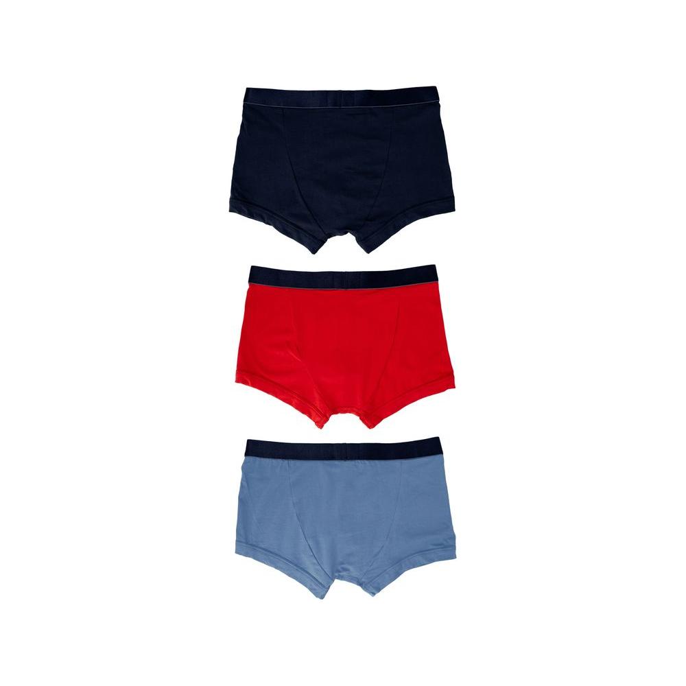 Three pairs of Emporio Armani underwear in blue, red, and black, made of cotton-elastane blend for men's comfort and style.