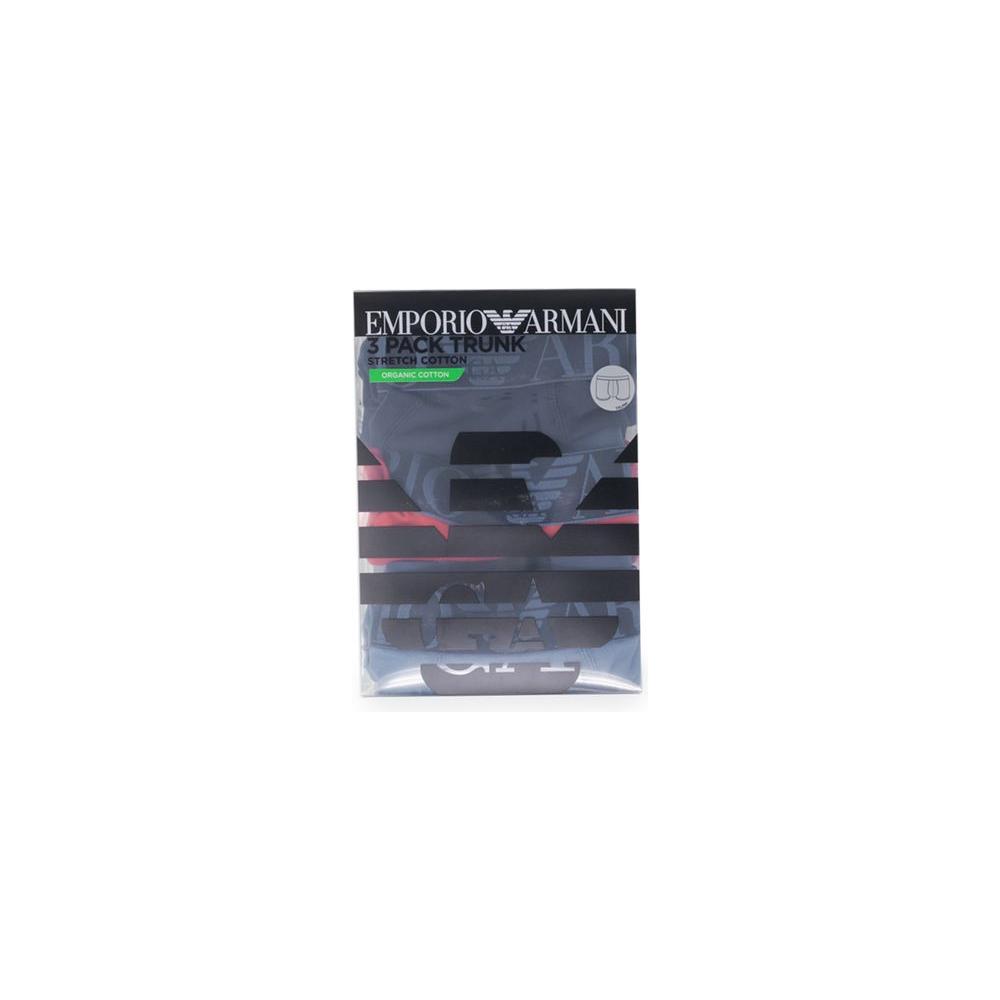 Emporio Armani Underwear 3-pack blue cotton boxers in packaging, featuring elastic waistband for comfort and style.
