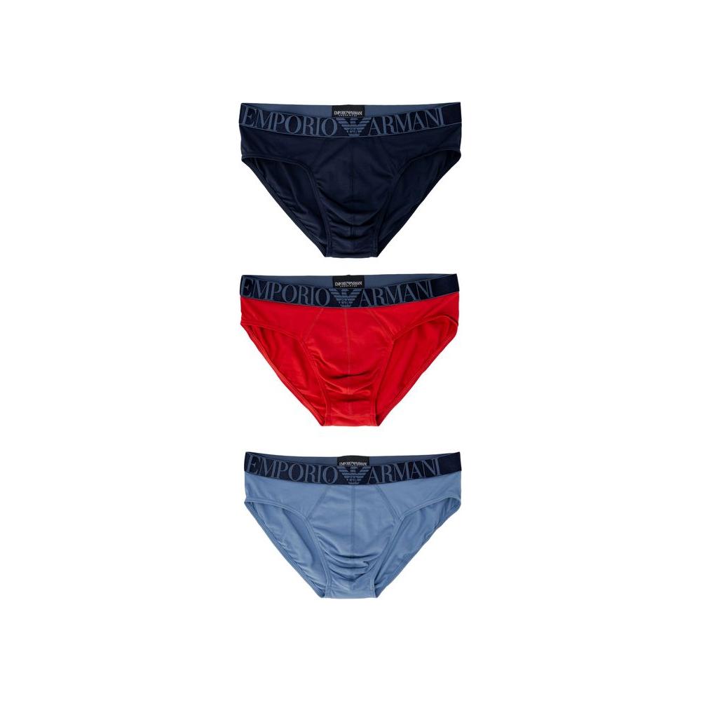 Emporio Armani men's briefs set in blue, red, and light blue with logo waistband. High-quality cotton blend for comfort and style.