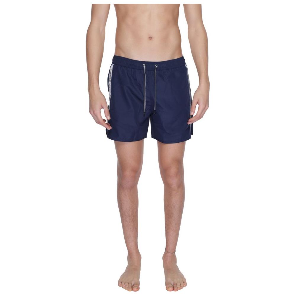 Emporio Armani blue polyester men's boxer swimsuit, regular fit, featuring elegant design perfect for beach or pool.